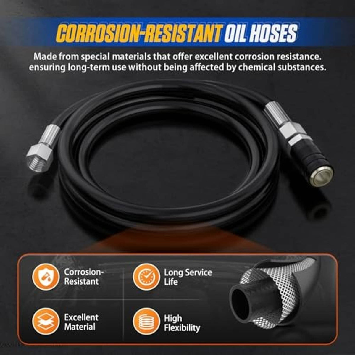 Corrosion-resistant brake fluid hoses with metal fittings and braided protective sleeve, black