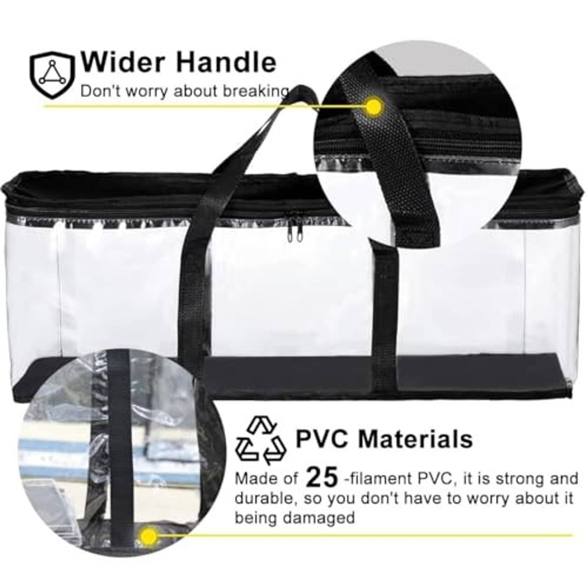 Clear DVD storage bag with black trim, reinforced handle, and zip closure for cases