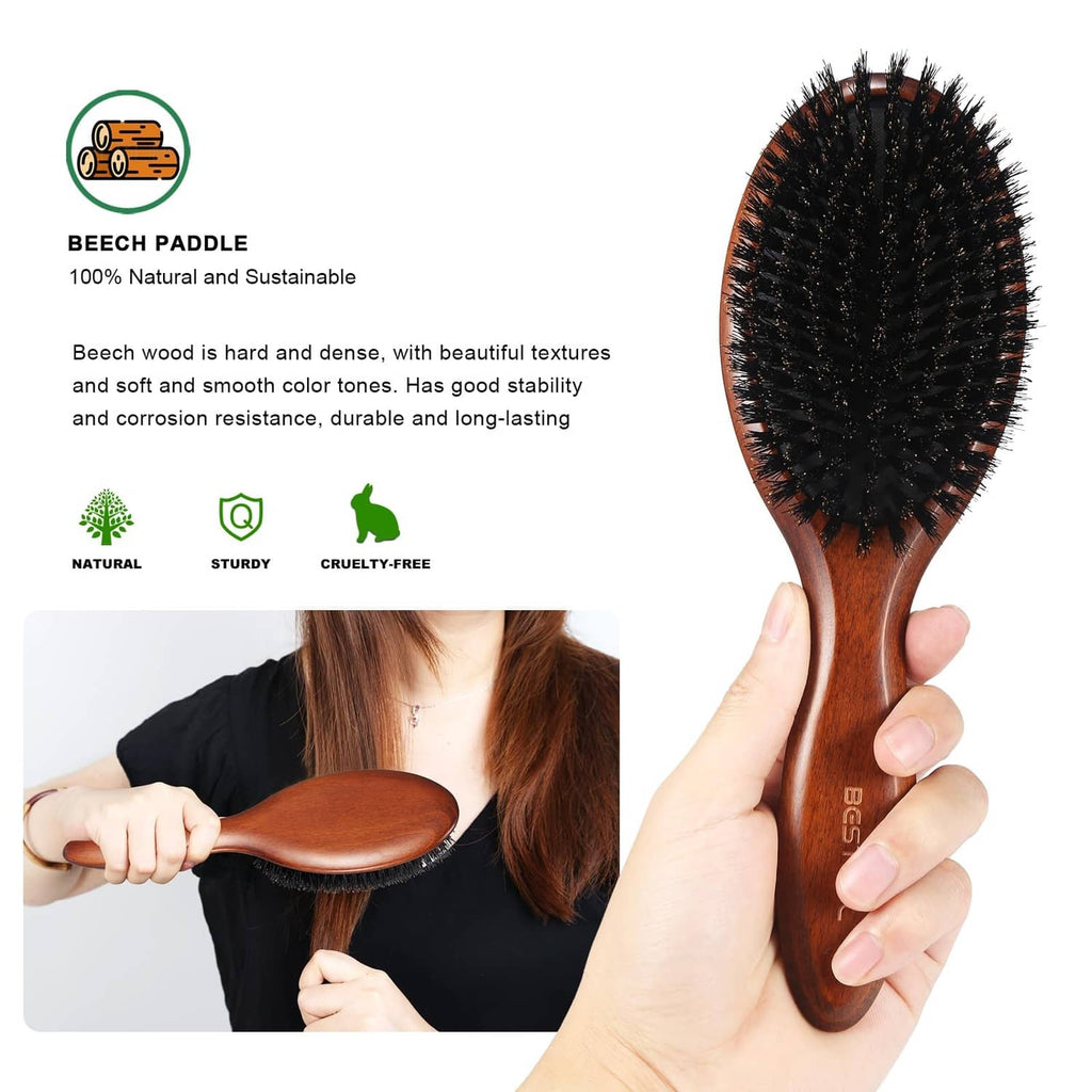 Handheld hair brush with black bristles and brown beech wood paddle shape