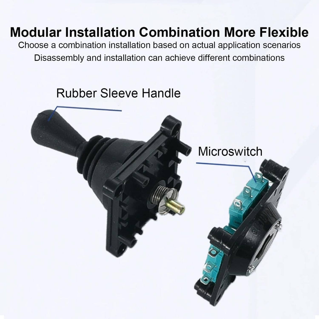 Black joystick handle with rubber sleeve and teal microswitch module