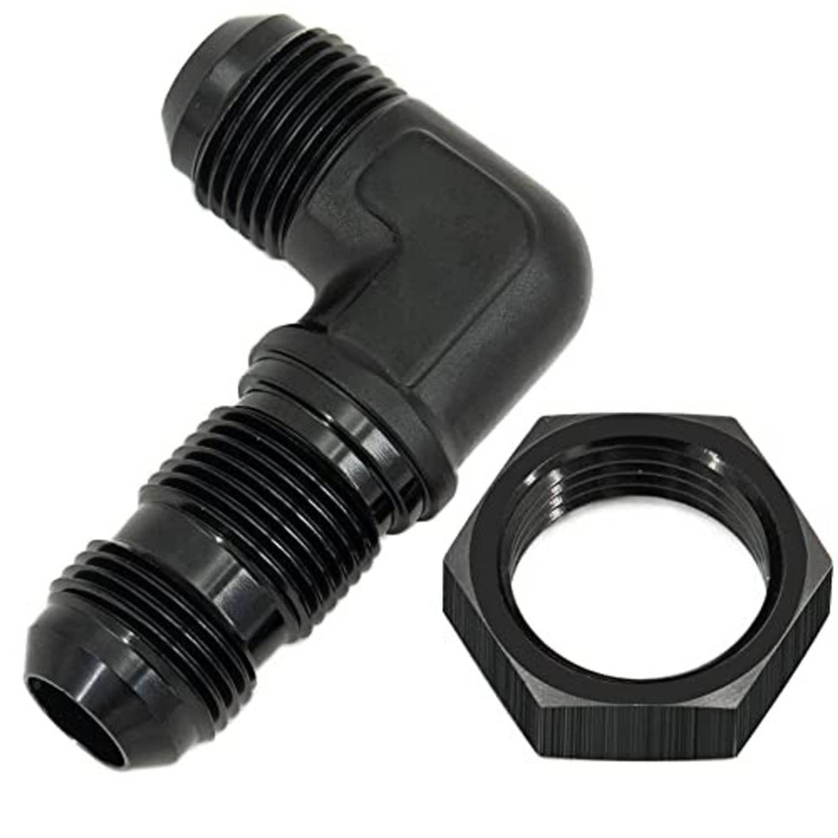 Black 90-degree bulkhead flare fitting adapter with male threads and hex nut included