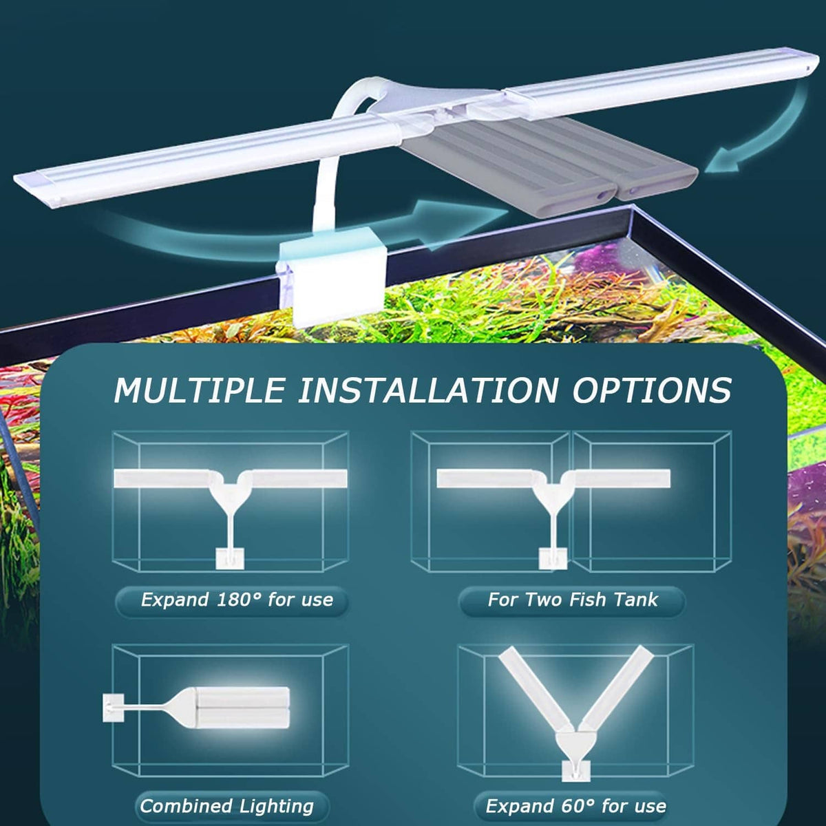 LED aquarium light with dual clamp heads and multiple installation options on tank