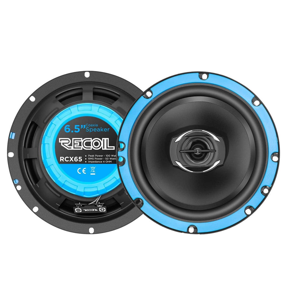 6.5-inch car audio coaxial speaker pair with black cones and blue trim rings