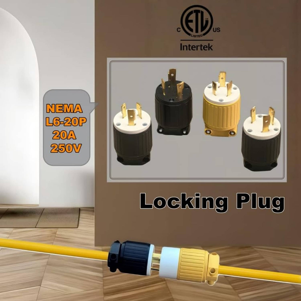 NEMA locking plug with twist-lock connector and cord, showing three gold prongs