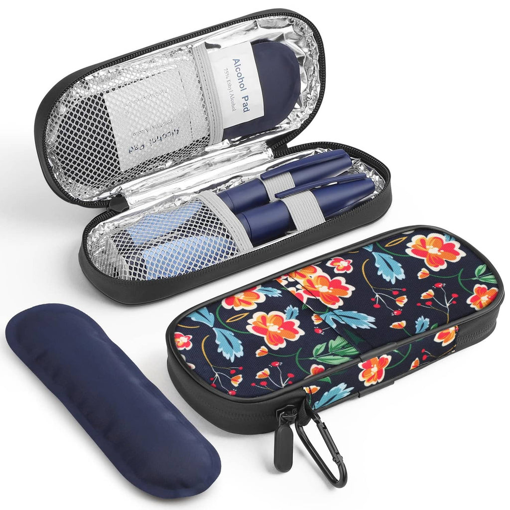 Insulin cooler travel case open with blue pens and silver insulated foil lining