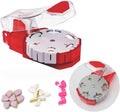 Red and clear pill cutter with round splitter insert and hinged lid