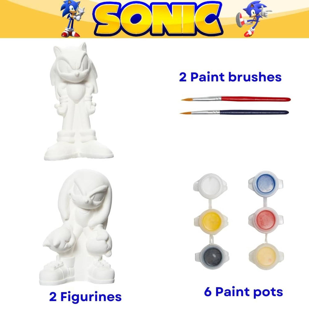 Sonic DIY figurine paint kit with 2 white figures, 2 brushes, and 6 paint pots