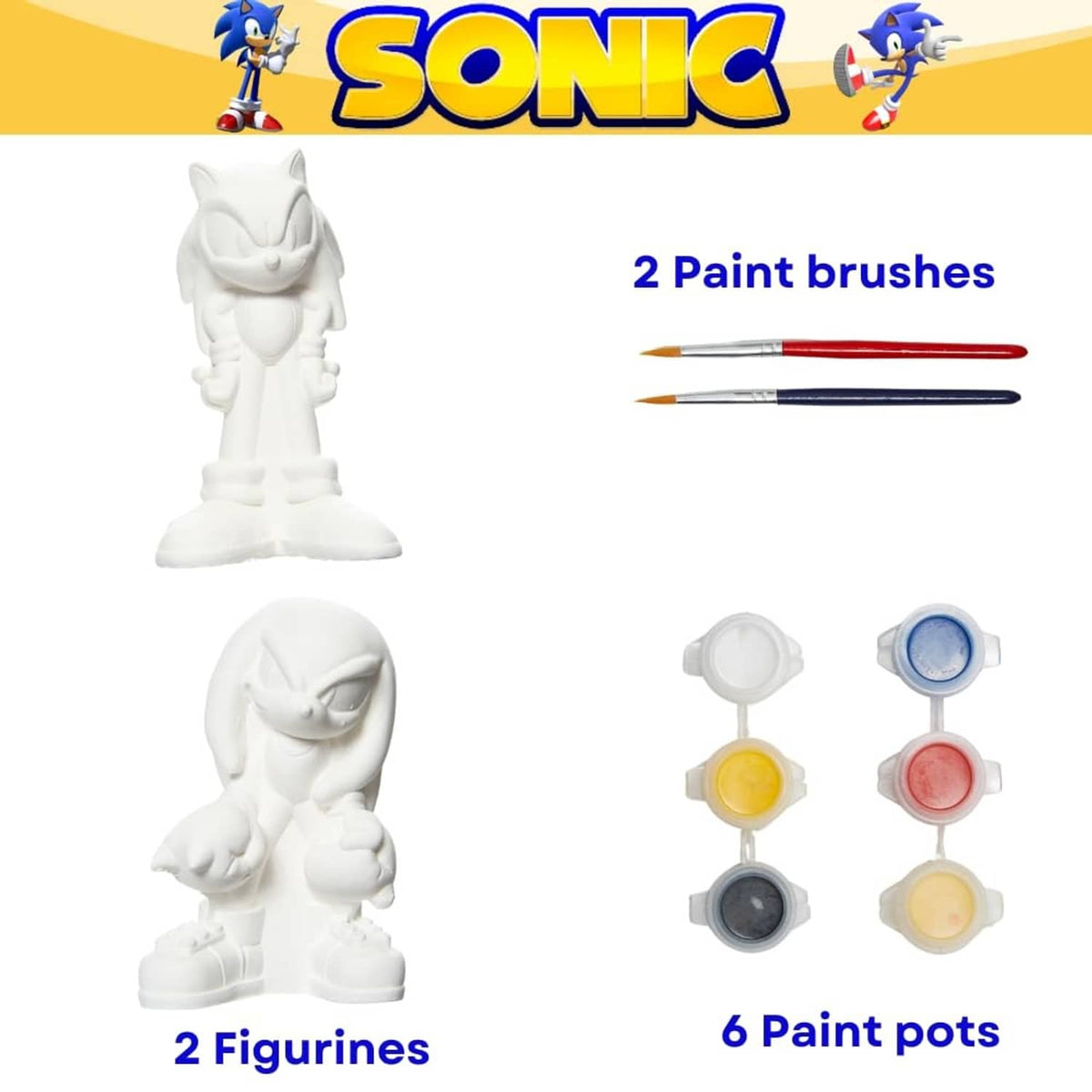 Sonic DIY figurine paint kit with 2 white figures, 2 brushes, and 6 paint pots