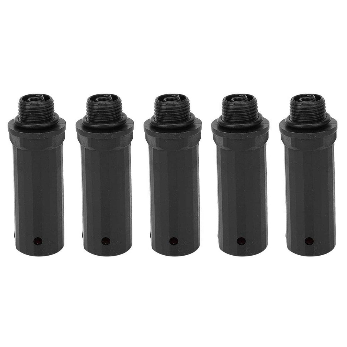 Five black compressor piston valves with threaded ends