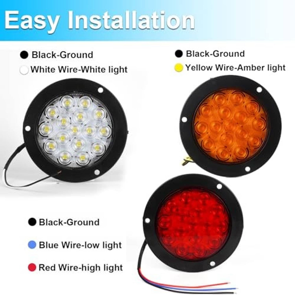 Round LED trailer tail lights with black bezels showing white, amber, and red illuminated lenses