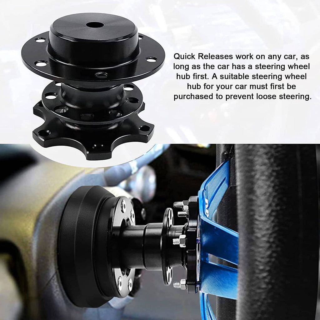 Black quick release hub adapter kit shown on steering wheel hub with mounting hardware