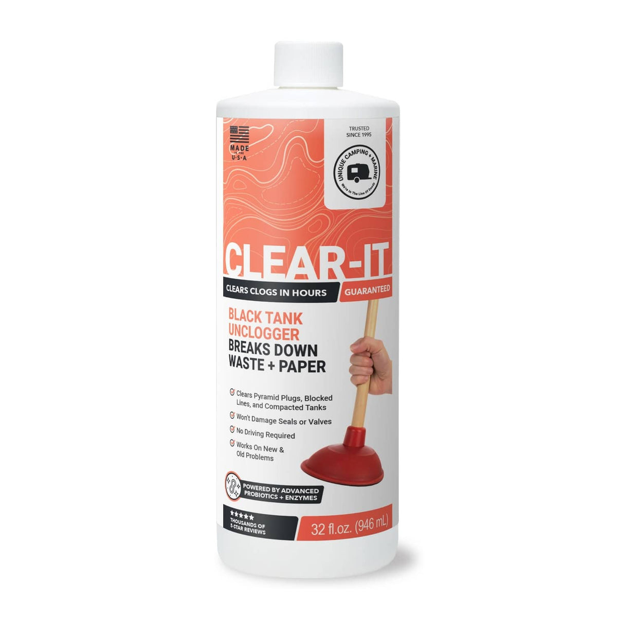 Clear-It black tank unclogger liquid bottle with white cap and red plunger-base label