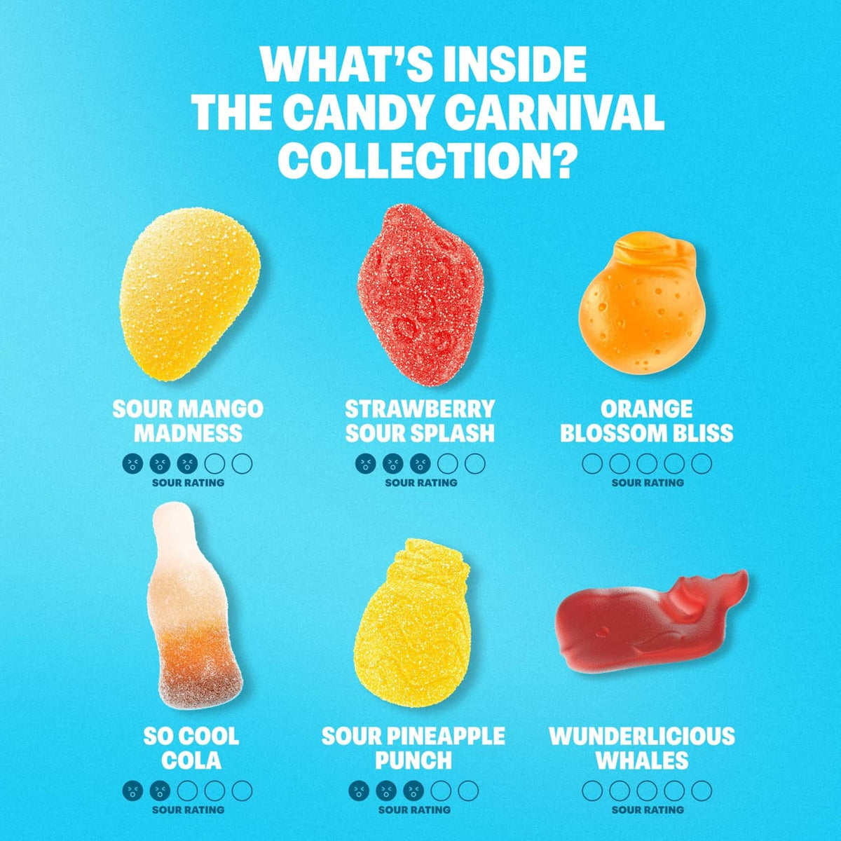 Candy Carnival assortment layout showing multiple sour fruit flavor gummy pieces
