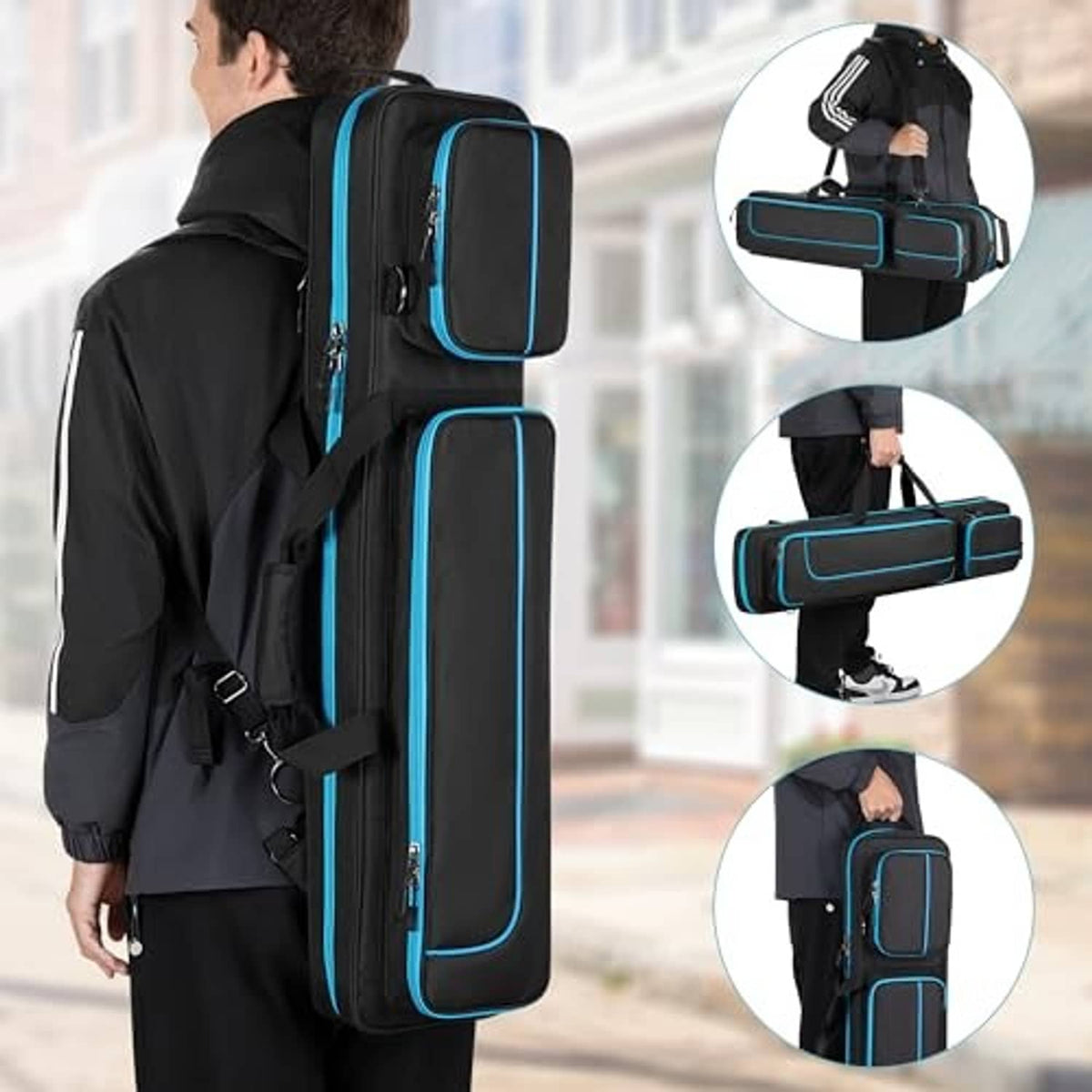 Black pool cue case with blue trim, carried with shoulder strap and two end zip pockets