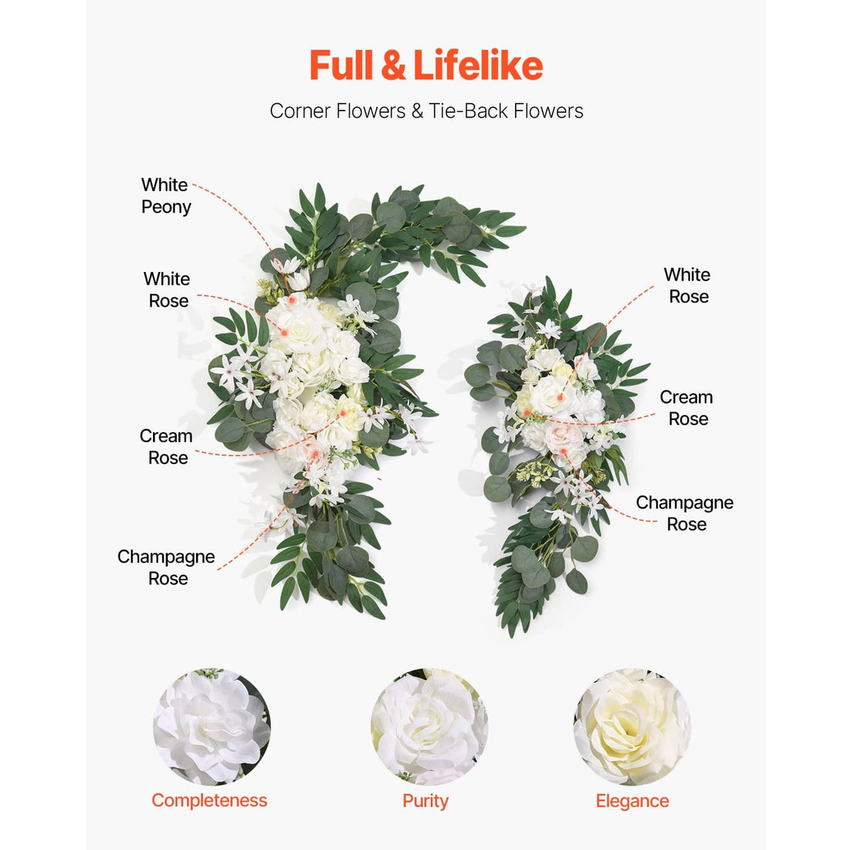 Corner and tie-back flowers with white rose and cream-toned blooms with green foliage