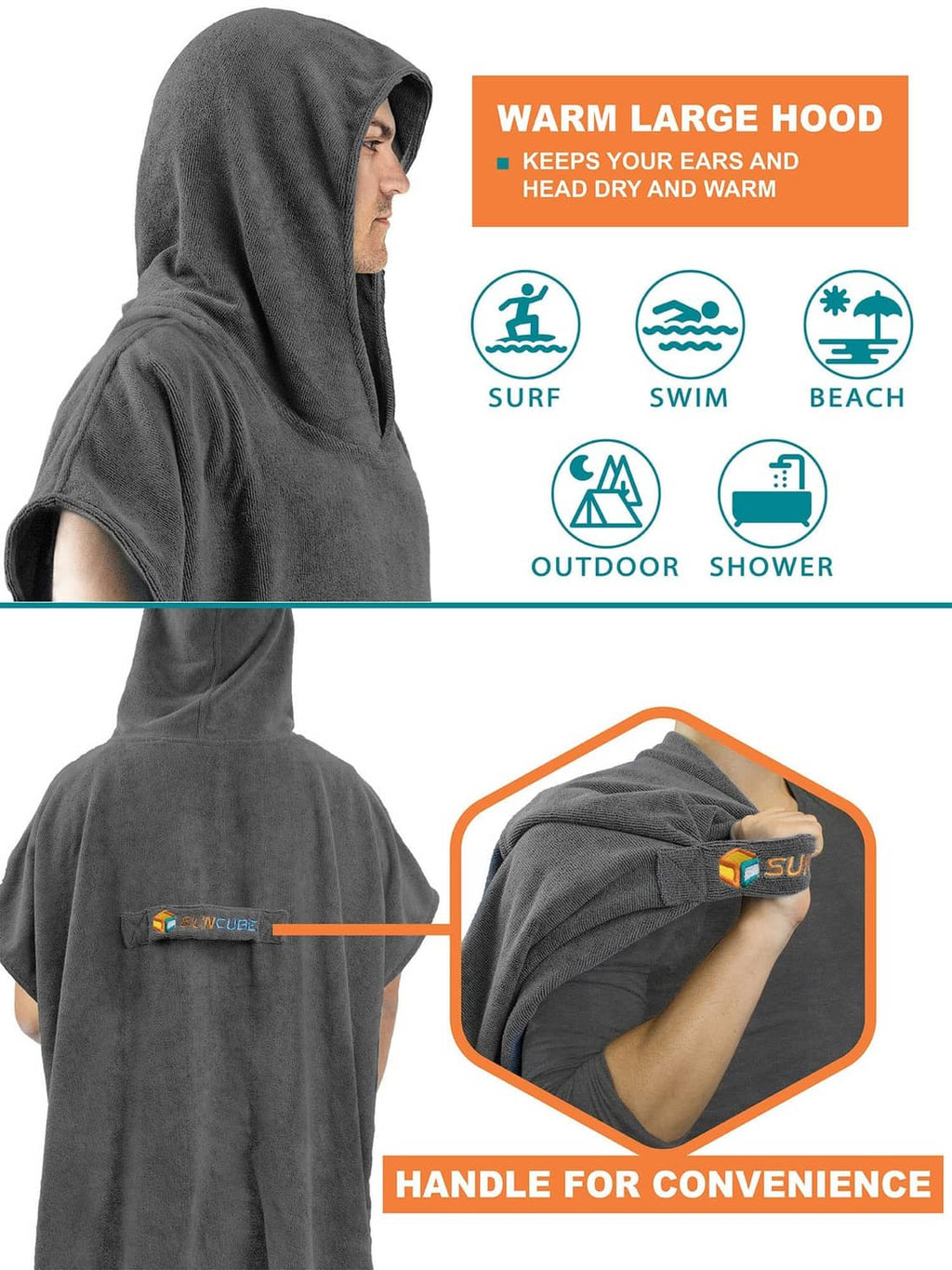 Grey hooded surf poncho with large hood and convenient side handle