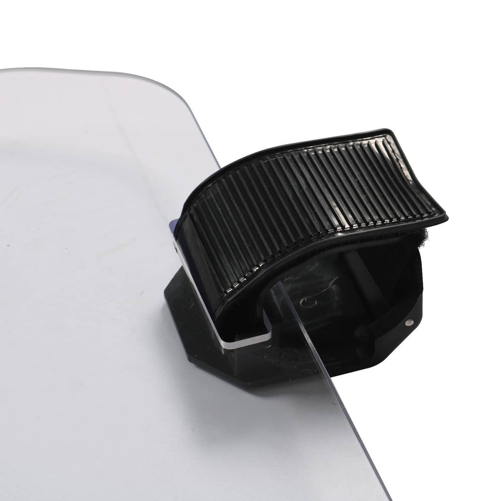 Clear windshield panel with black flip hinge and mounting bracket close-up