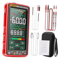 Red digital smart multimeter with touchscreen, test leads, probes, and storage case