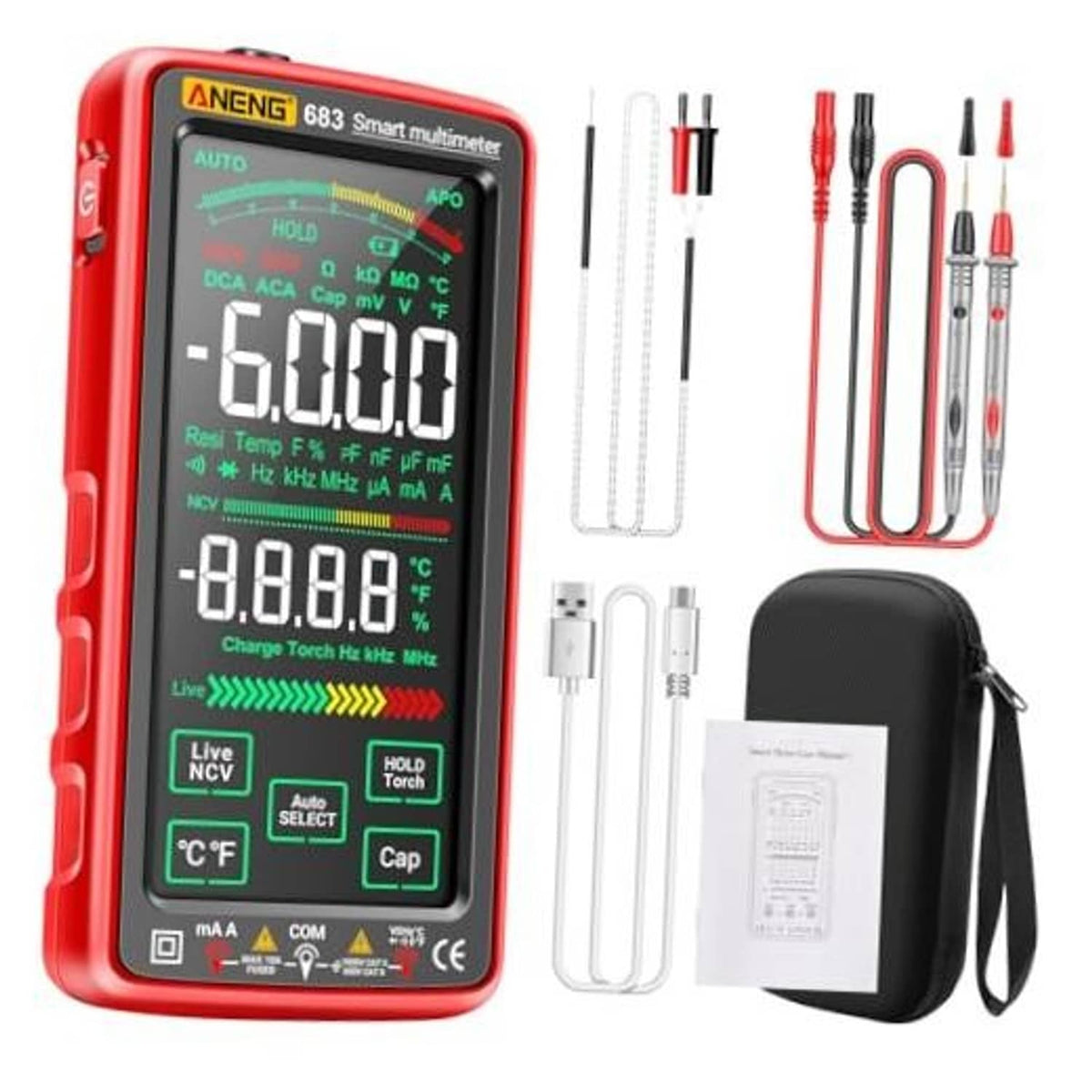 Red digital smart multimeter with touchscreen, test leads, probes, and storage case
