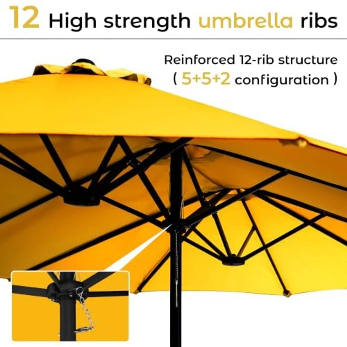 Reinforced 12-rib patio umbrella canopy in golden yellow with black frame