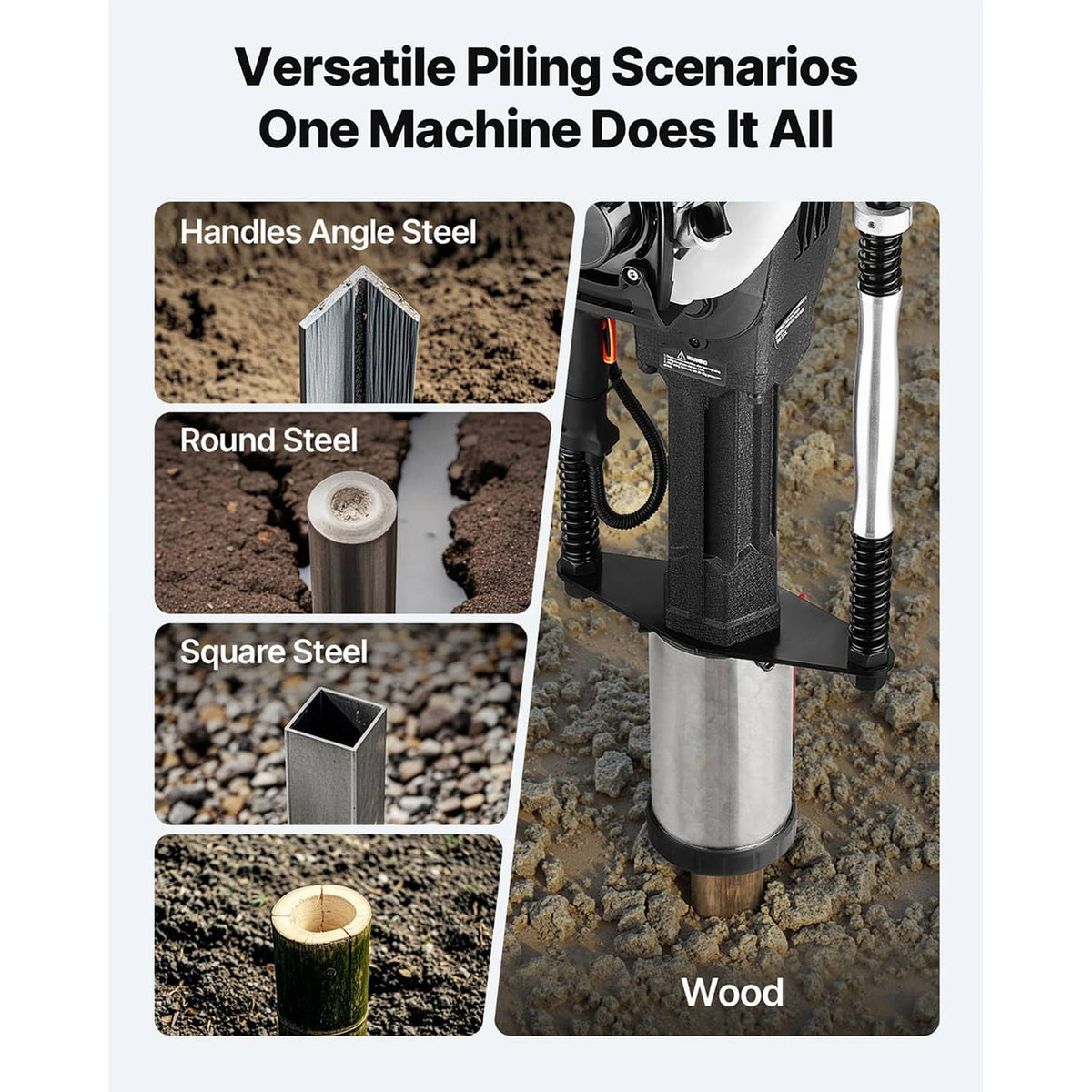 Gas post driver with steel base for wood, round steel, or square steel posts