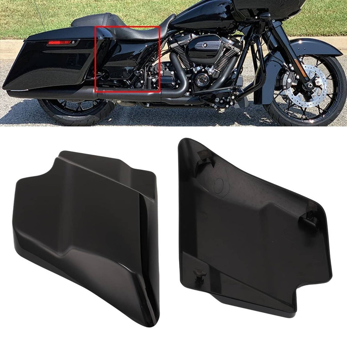 Black side cover panels set with mounting points, molded for motorcycle fit