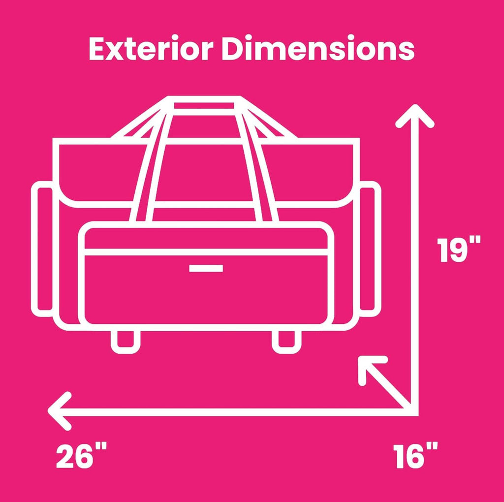 Exterior dimensions diagram for XXL rolling sewing machine case (26 in length, 19 in height)