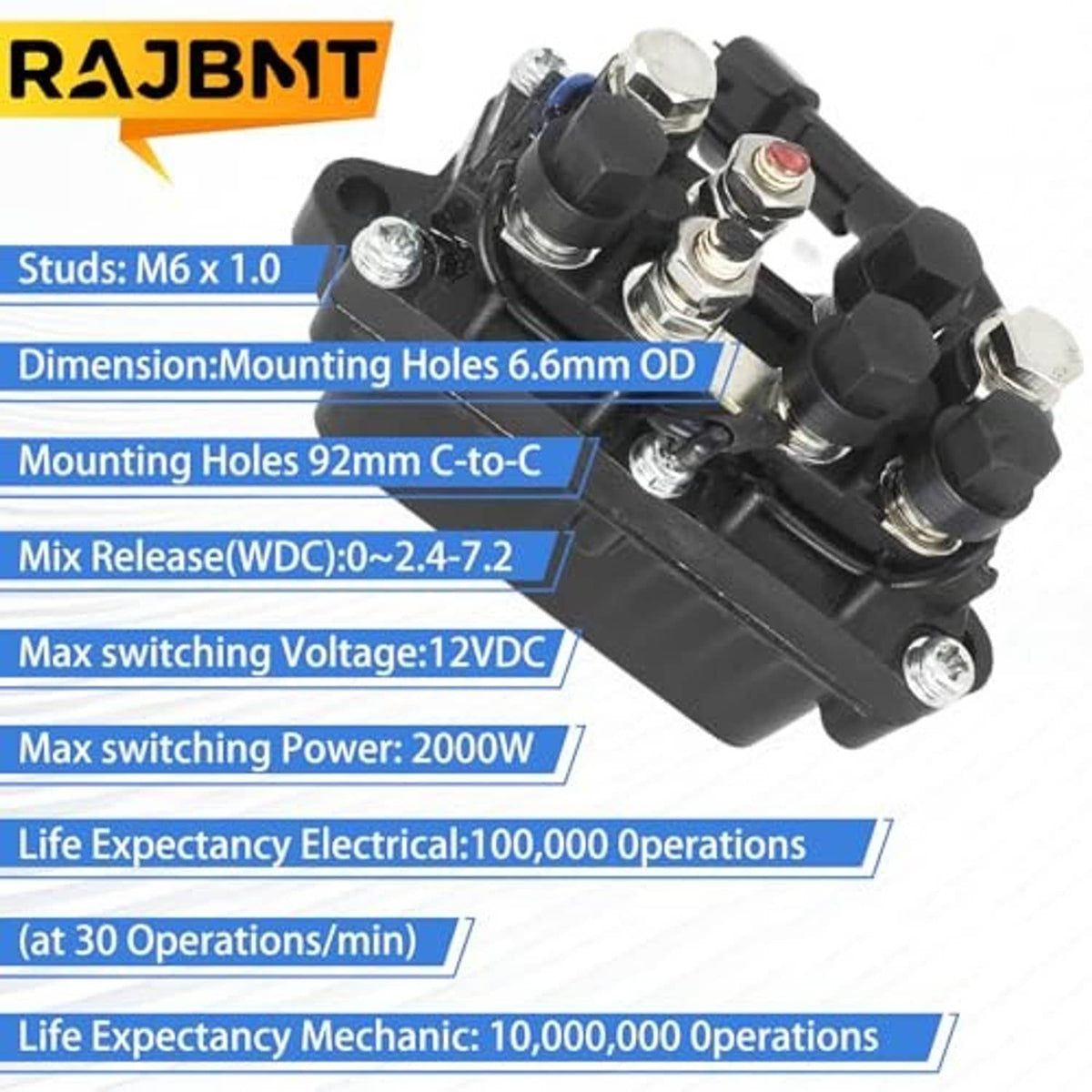 Tilt-trim relay with metal studs and mounting holes, showing voltage and power specs