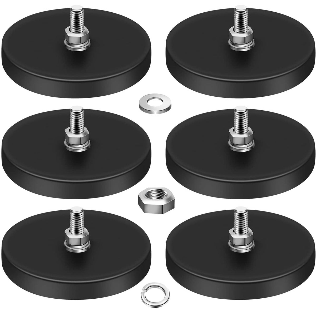 Rubber-coated magnet set with six round black bases and threaded M6 bolts