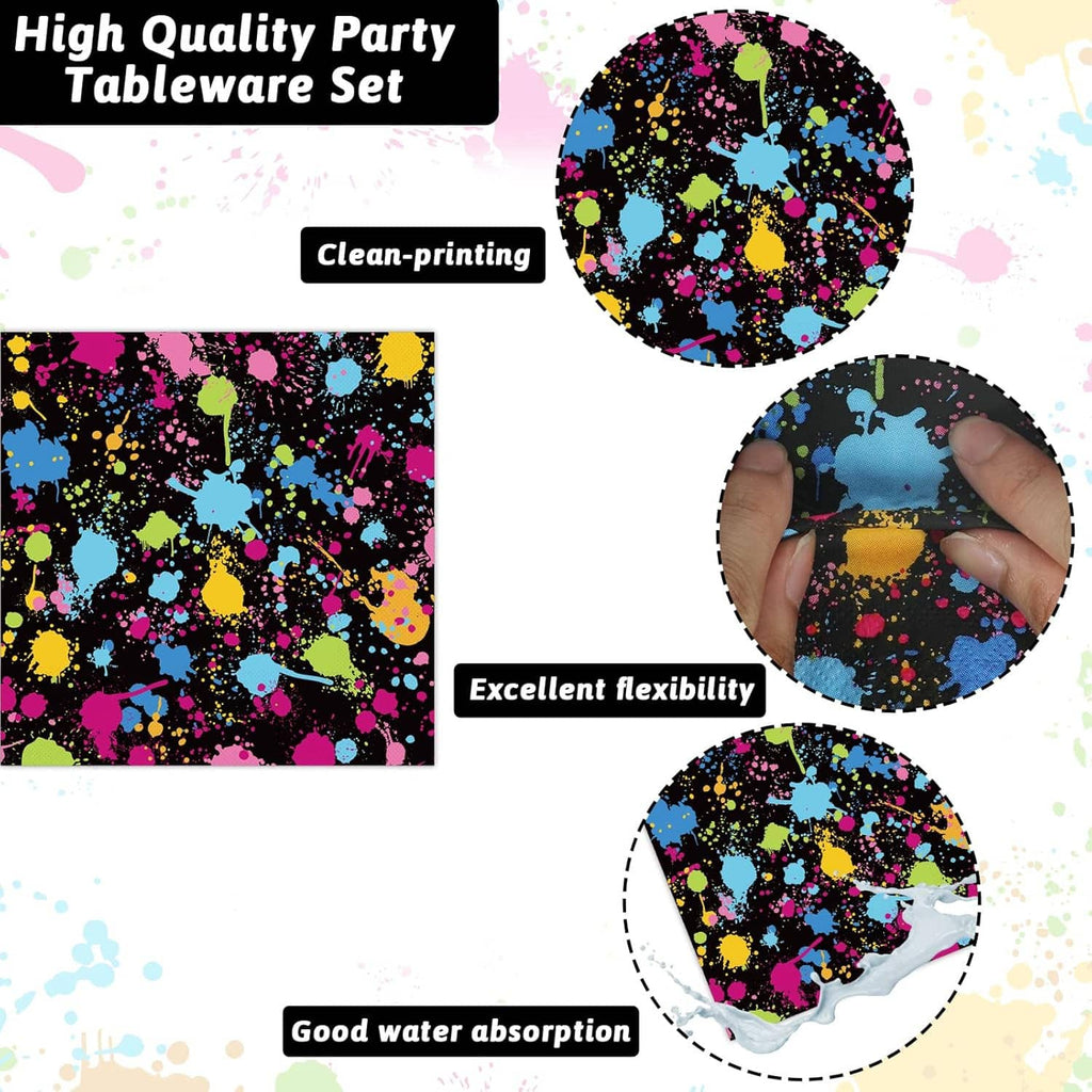 Neon splatter party plates and napkins set with colorful confetti print