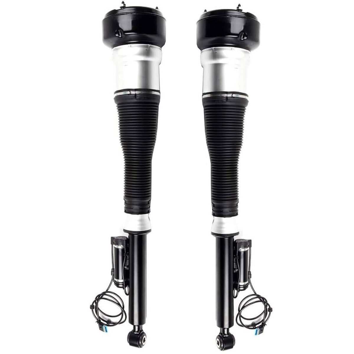 Pair of rear air suspension struts with threaded rods, black bellows and silver cylinders