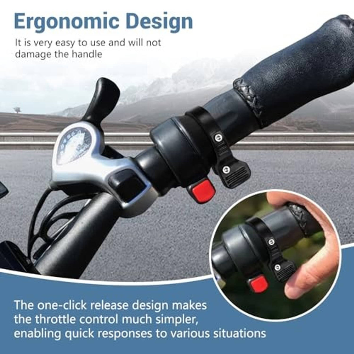 Black thumb throttle adapter with ergonomic handlebar switch and mounting strap
