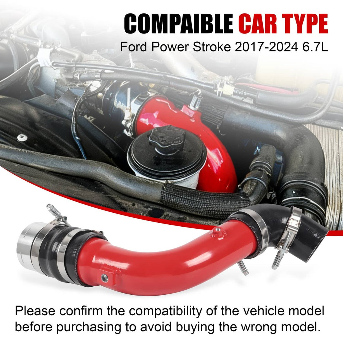 Red intercooler hose with black couplers and clamps installed on an engine bay