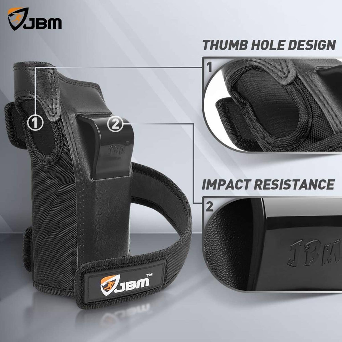 Black elbow pad with thumb-hole design and cushioned impact shell