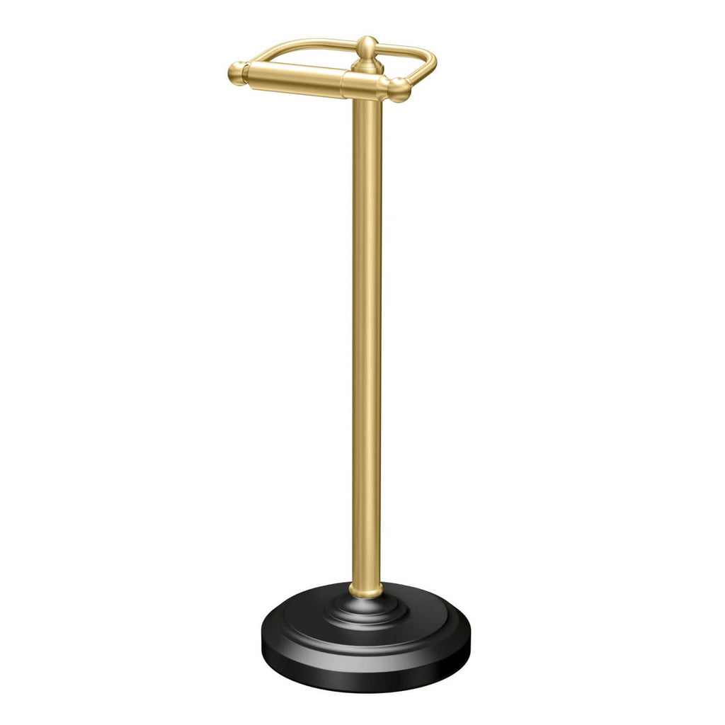 Freestanding toilet paper holder in polished brass with matte black round base