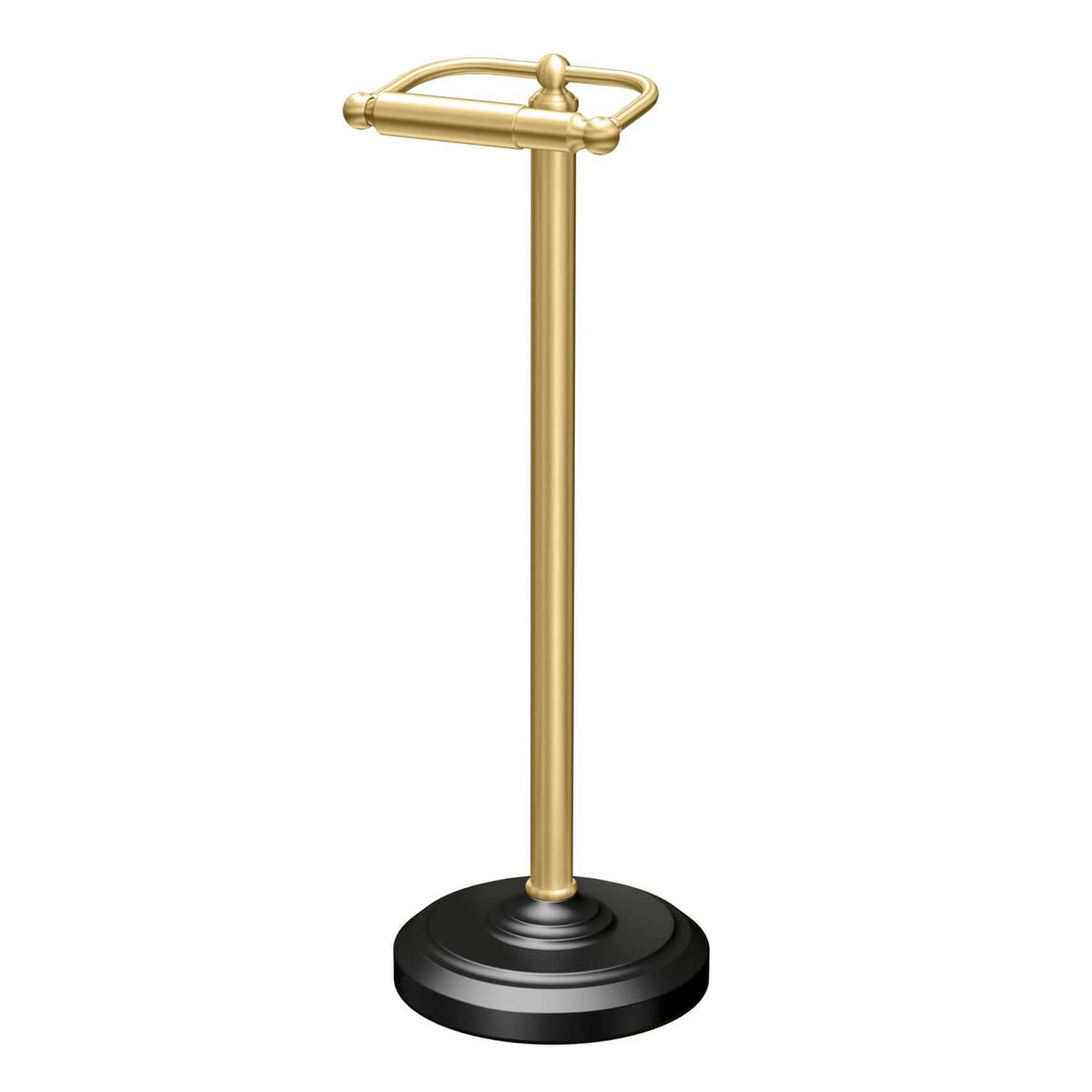 Freestanding toilet paper holder in polished brass with matte black round base