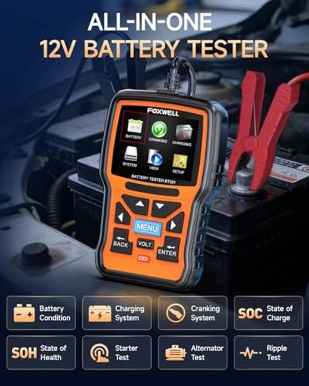 Handheld 12V battery tester with LCD screen and keypad, connected to red and black clamps