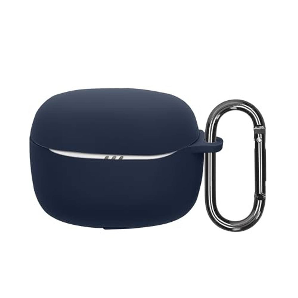 Dark blue silicone earbuds charging case cover with attached metal carabiner clip
