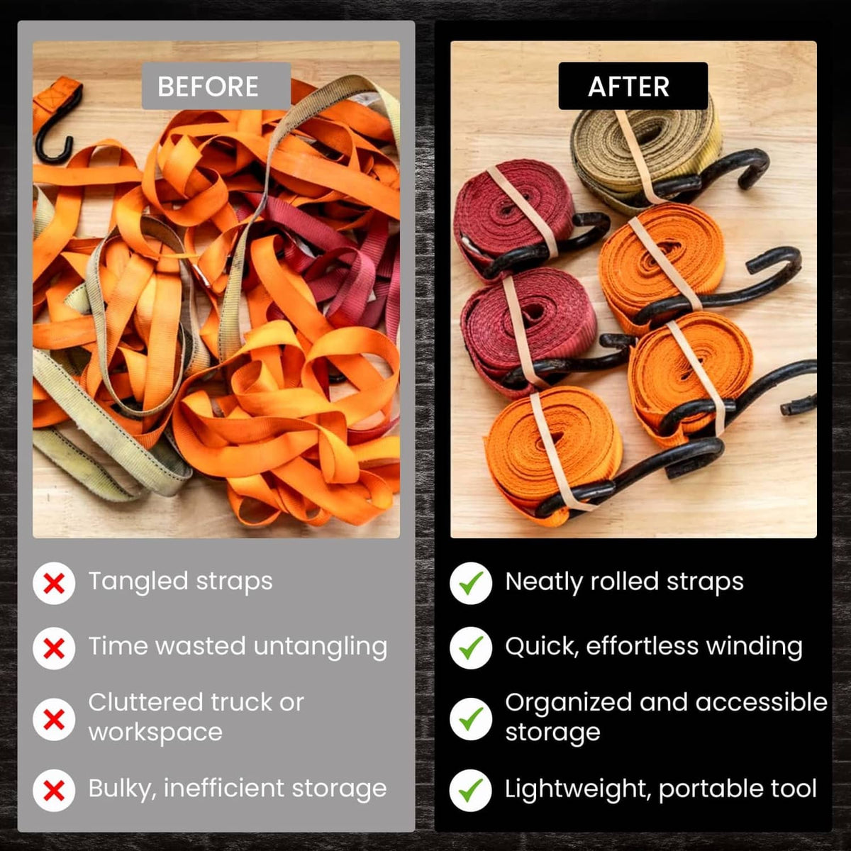 Ratchet strap winder drill attachment with orange strap rolled for organized storage
