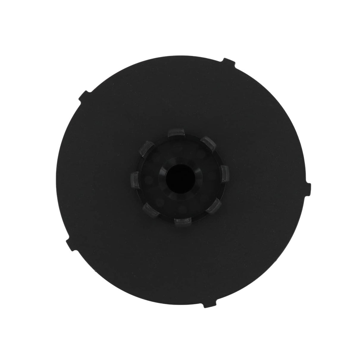 Fuel filter cartridge end cap with central hub and surrounding mounting tabs