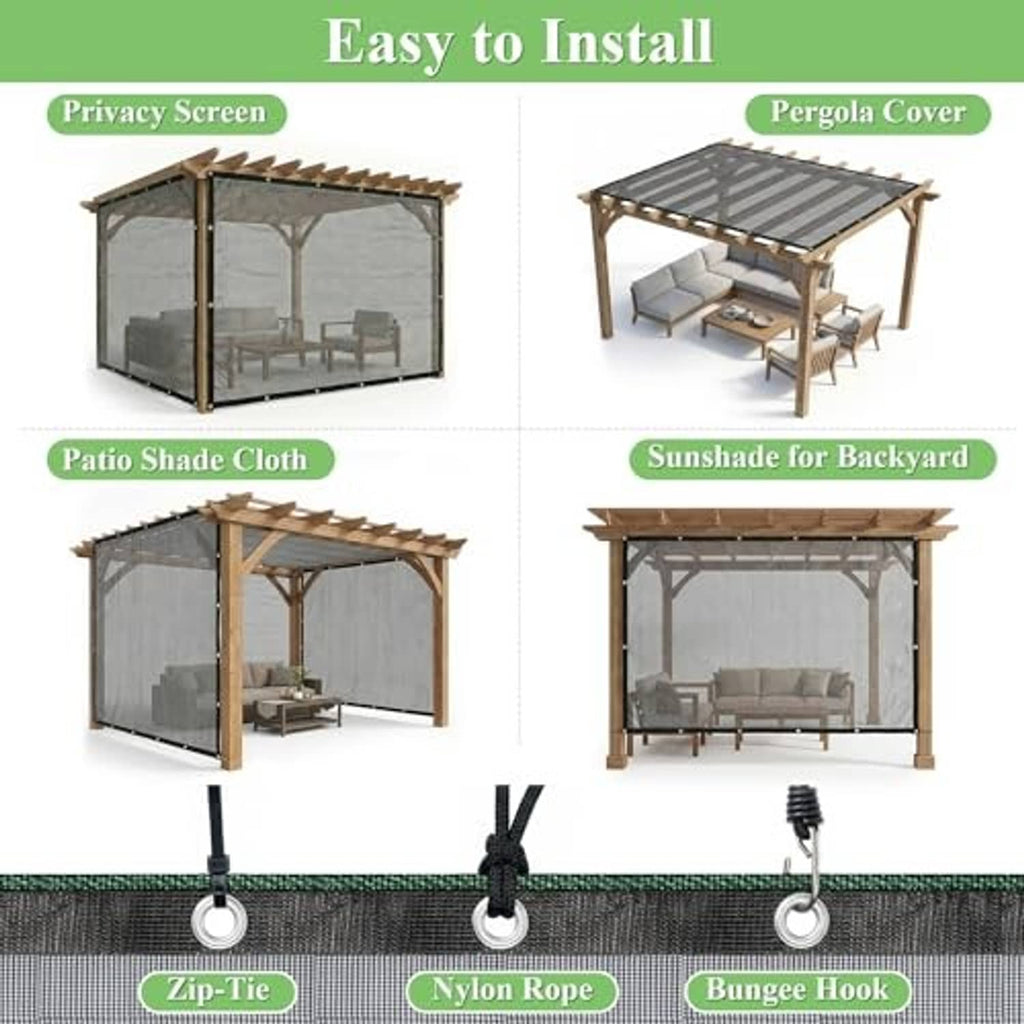 Black shade cloth with grommeted edge and hanging hardware for easy setup