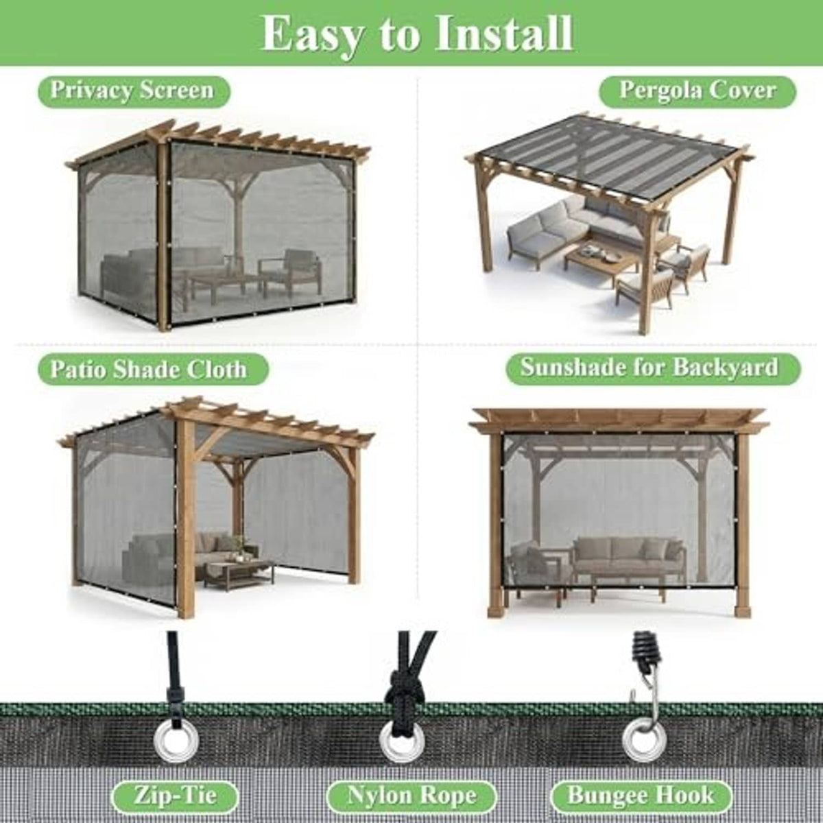 Black shade cloth with grommeted edge and hanging hardware for easy setup