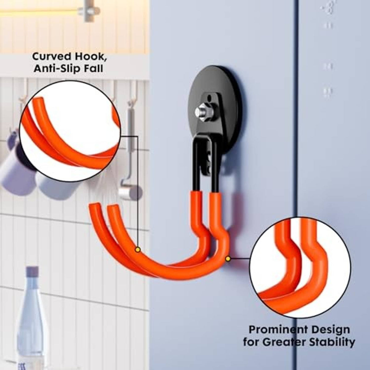 Magnetic wall hook with black base and orange curved U-shaped hanger