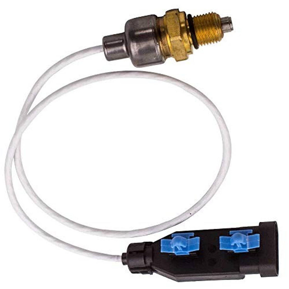 Turbo vane sensor with gold threaded body, white cable, and blue connector plugs