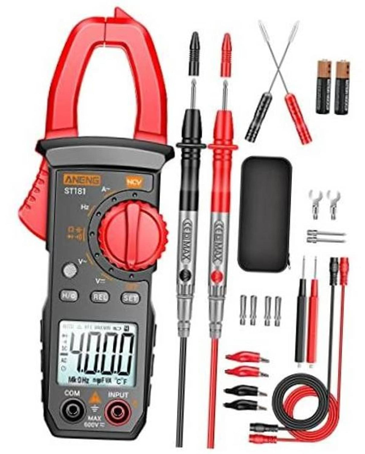 Red digital clamp meter with rotary dial and LCD screen, plus test leads set