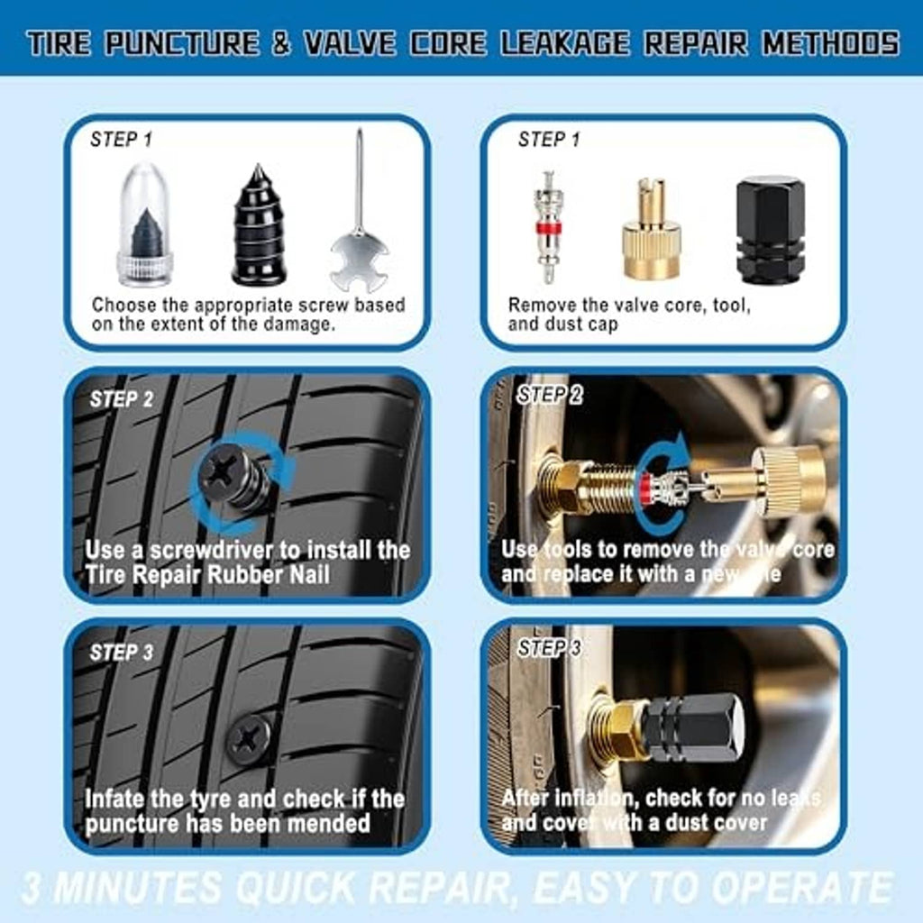 Tire puncture repair kit instruction steps with screw plug nails and valve core tool