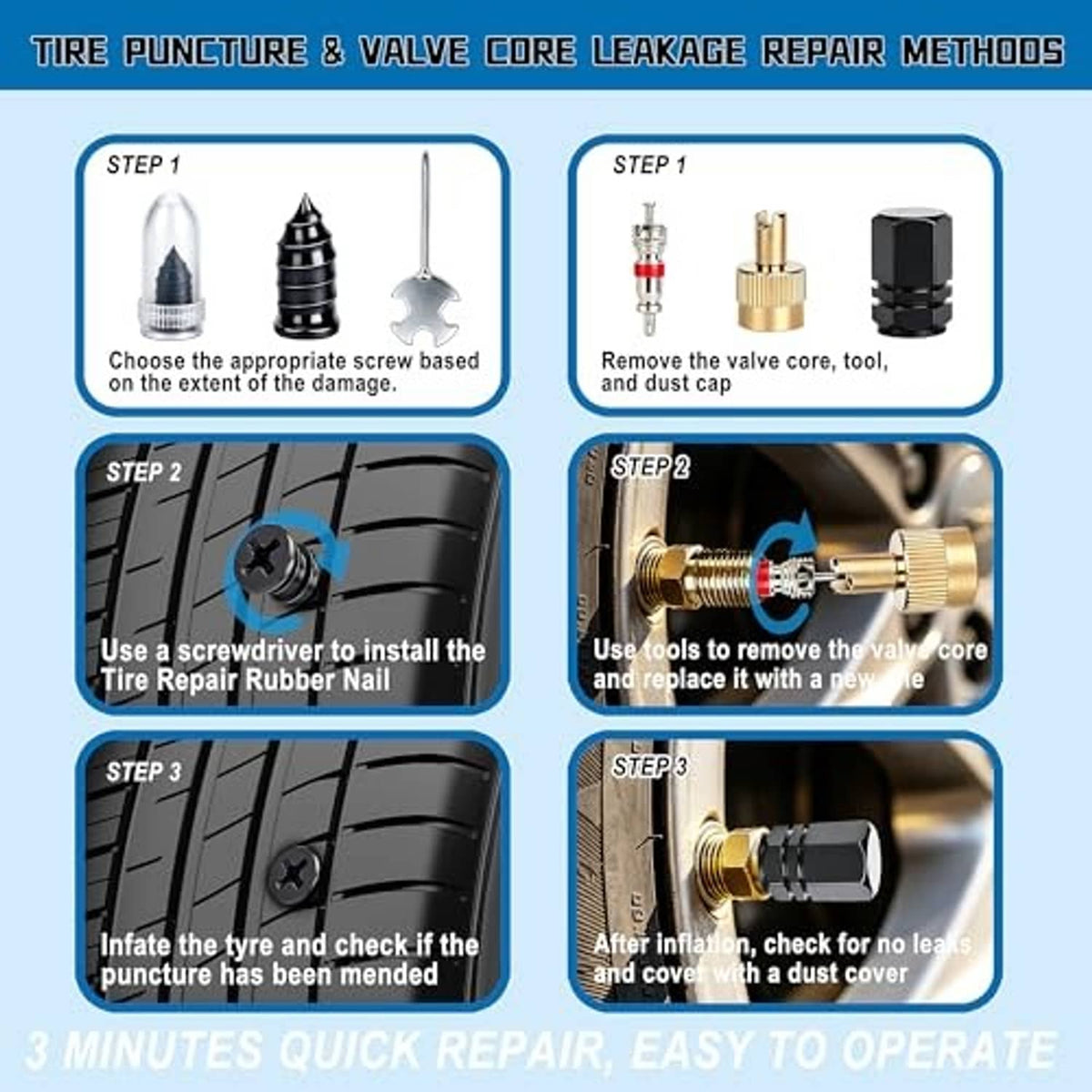 Tire puncture repair kit instruction steps with screw plug nails and valve core tool