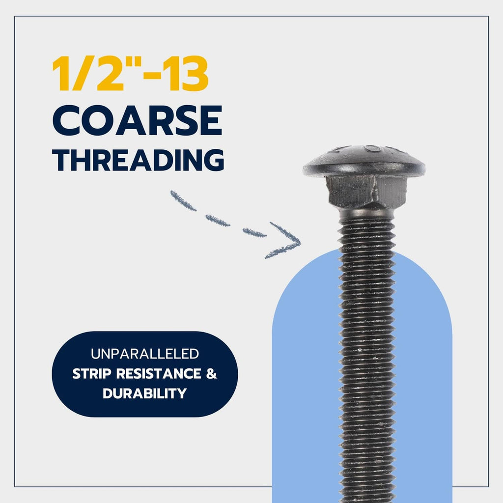Black carriage bolt with coarse 1/2-13 thread detail, durability note