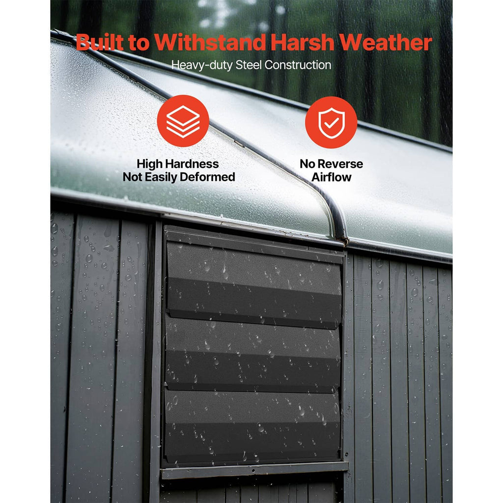 Wall exhaust fan weatherproofing graphic showing heavy-duty steel construction
