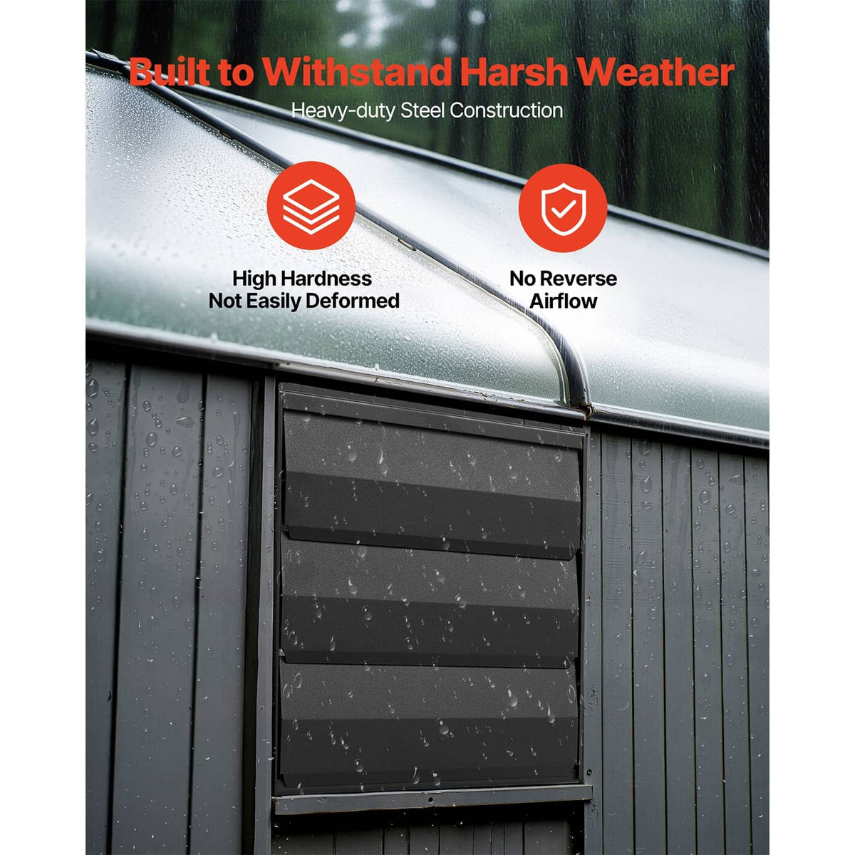 Wall exhaust fan weatherproofing graphic showing heavy-duty steel construction